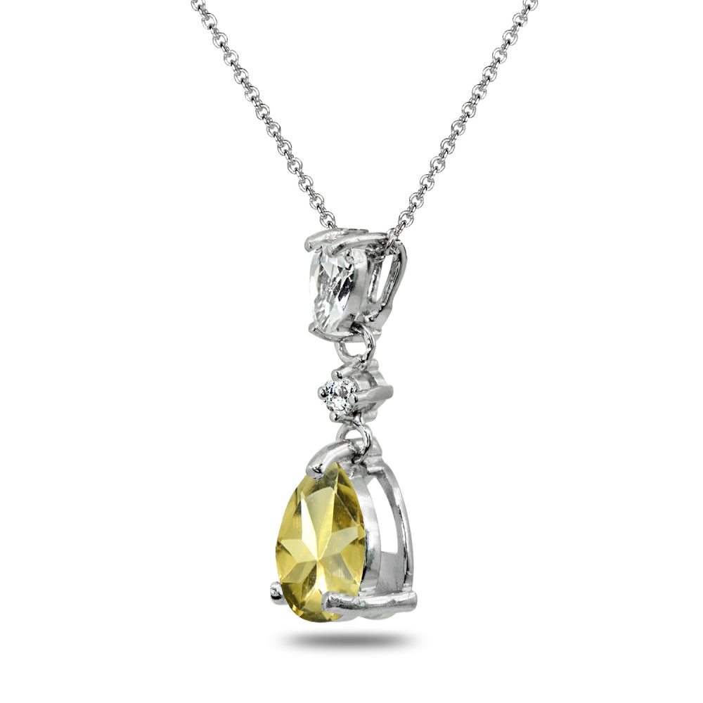 Sterling Silver Citrine & White Topaz Teardrop Dangling Drop Pendant Necklace-2