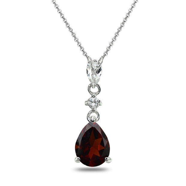 Sterling Silver Garnet & White Topaz Teardrop Dangling Drop Pendant Necklace