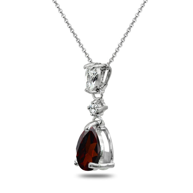 Sterling Silver Garnet & White Topaz Teardrop Dangling Drop Pendant Necklace