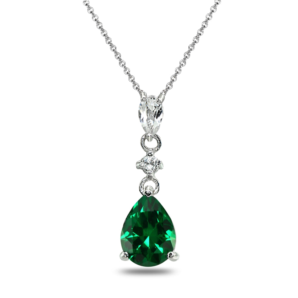 Sterling Silver Created Emerald & White Topaz Teardrop Dangling Drop Pendant Necklace