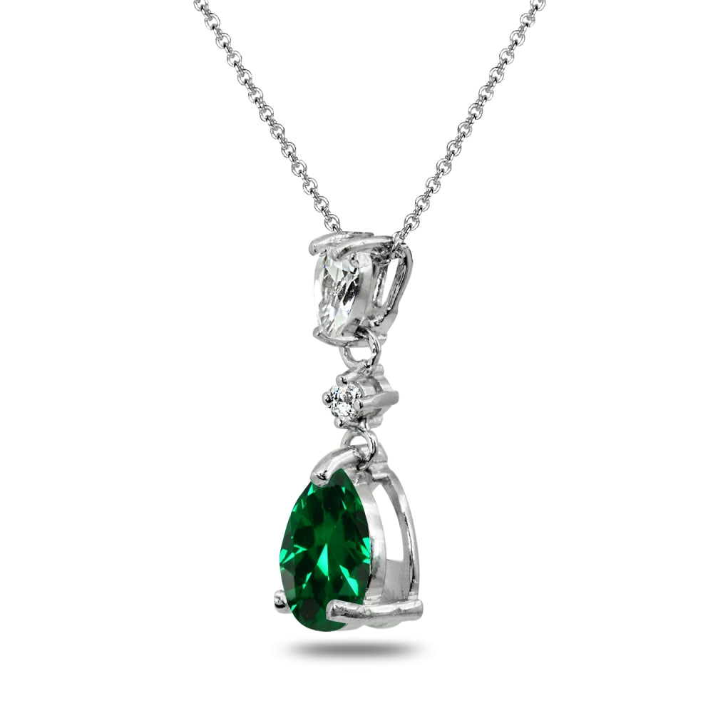 Sterling Silver Created Emerald & White Topaz Teardrop Dangling Drop Pendant Necklace-2