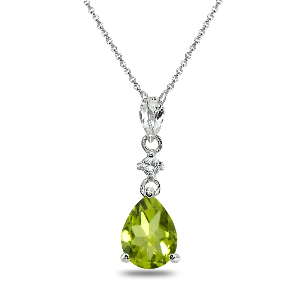 Sterling Silver Peridot & White Topaz Teardrop Dangling Drop Pendant Necklace