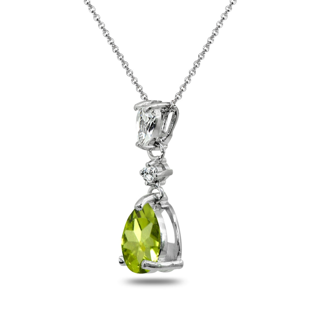 Sterling Silver Peridot & White Topaz Teardrop Dangling Drop Pendant Necklace-2