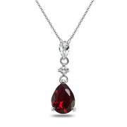 Sterling Silver Created Ruby & White Topaz Teardrop Dangling Drop Pendant Necklace