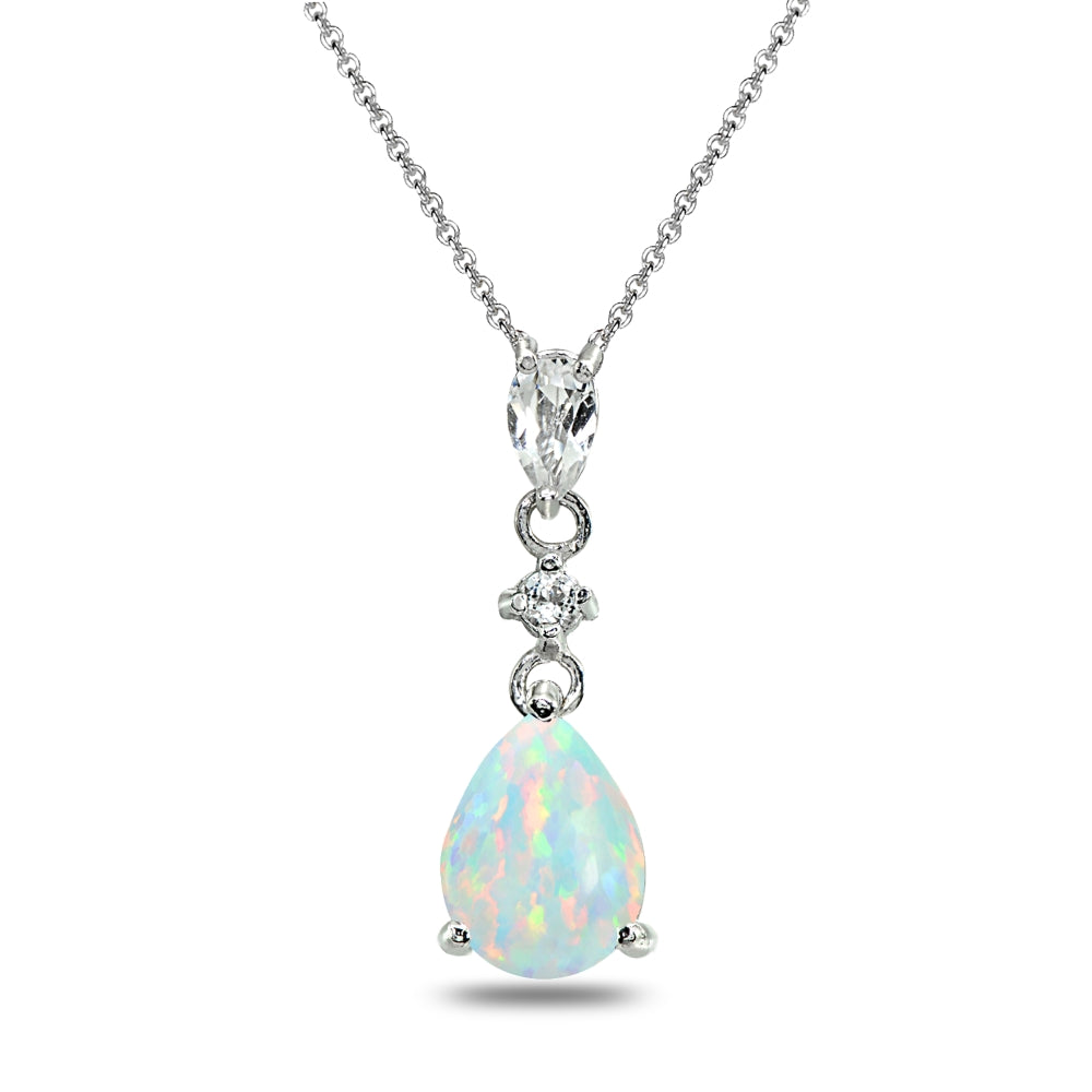 Sterling Silver Created White Opal & White Topaz Teardrop Dangling Drop Pendant Necklace