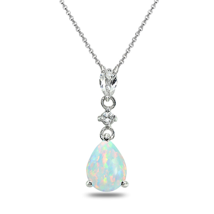Sterling Silver Created White Opal & White Topaz Teardrop Dangling Drop Pendant Necklace