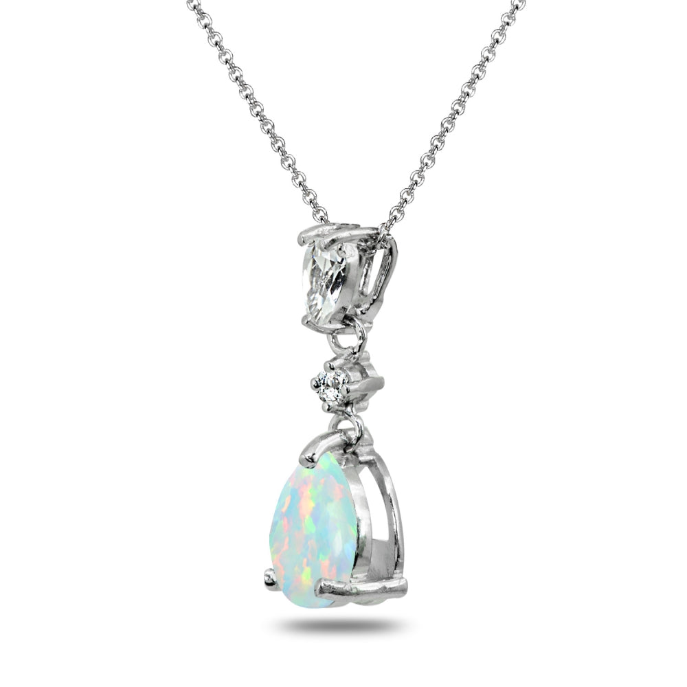 Sterling Silver Created White Opal & White Topaz Teardrop Dangling Drop Pendant Necklace-2