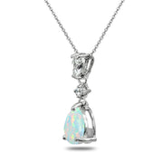 Sterling Silver Created White Opal & White Topaz Teardrop Dangling Drop Pendant Necklace