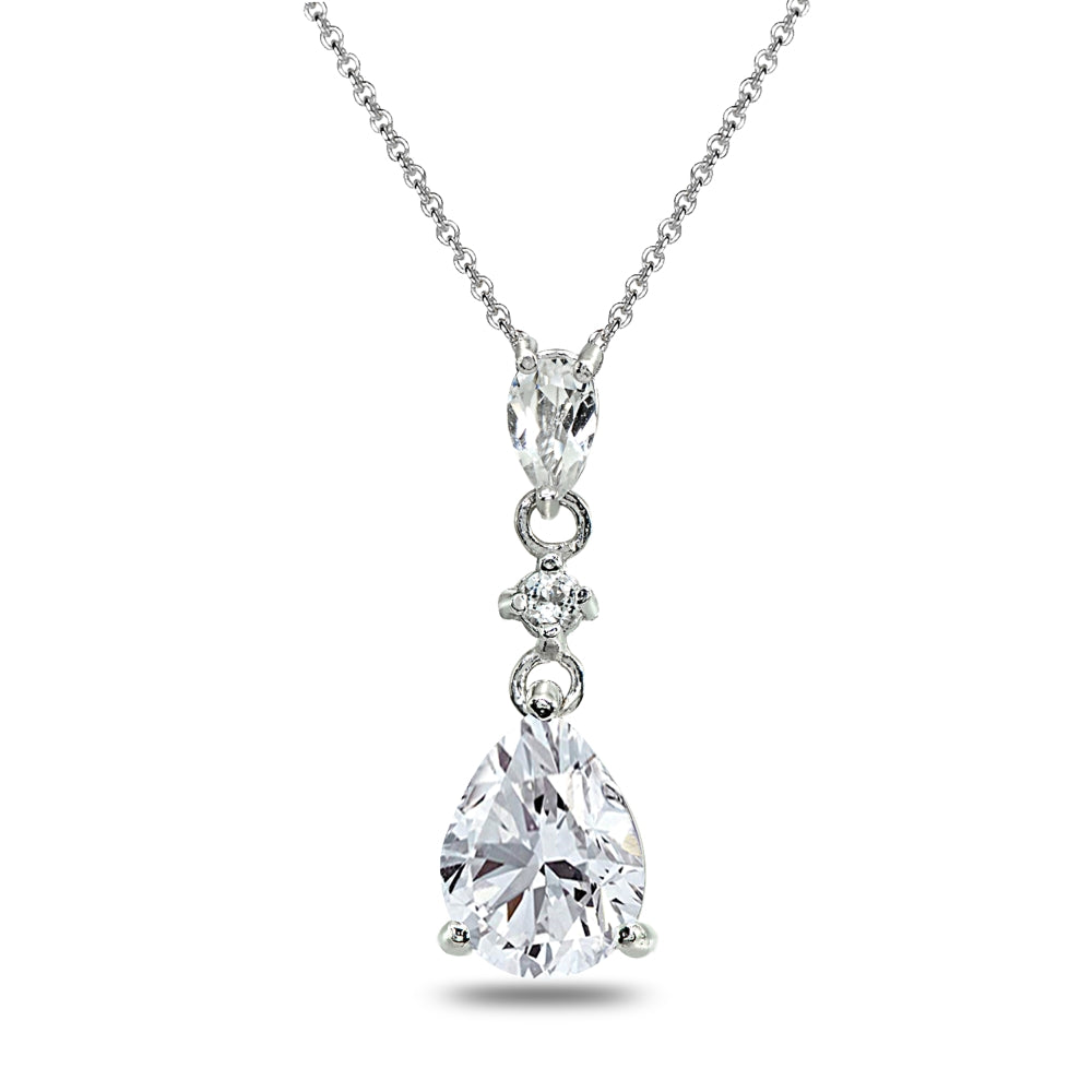 Sterling Silver Cubic Zirconia Teardrop Dangling Drop Pendant Necklace