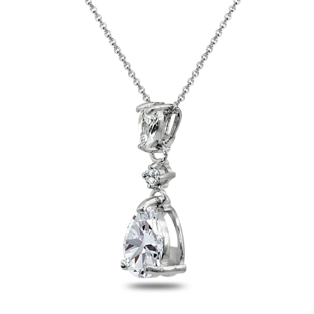 Sterling Silver Cubic Zirconia Teardrop Dangling Drop Pendant Necklace-2