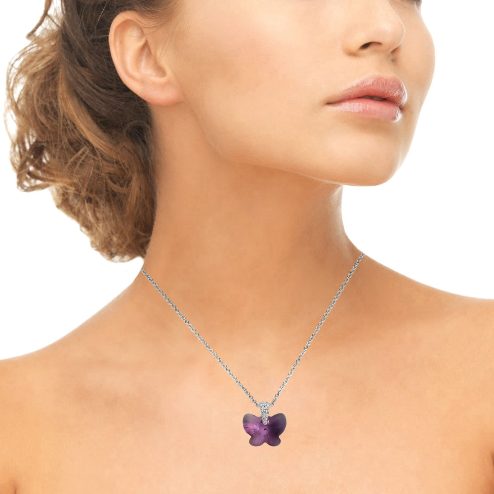 Sterling Silver Purple Butterfly Pendant Necklace Made with Swarovski Crystals-3