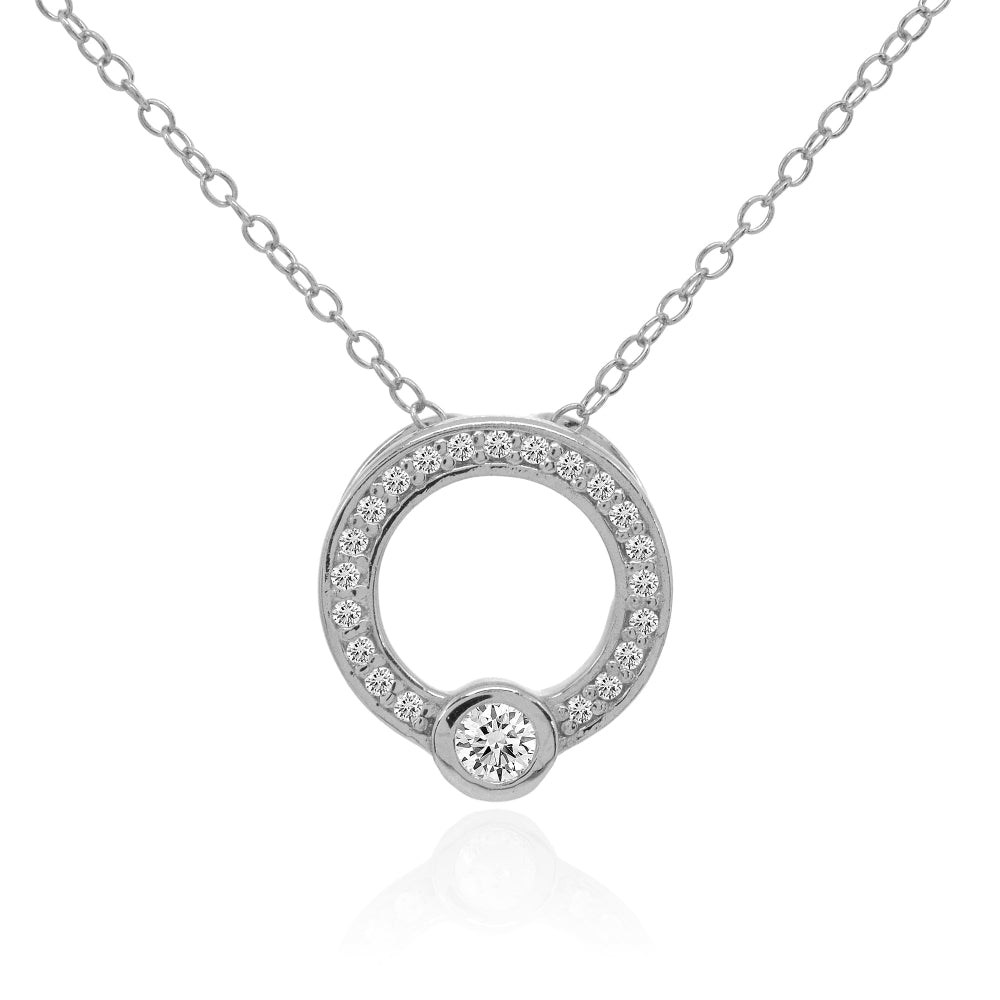 Sterling Silver Open Circle Bezel Set Cubic Zirconia Slide Necklace