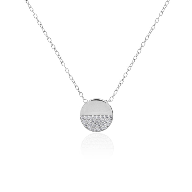 Sterling Silver Polished Round Disk Cubic Zirconia Slide Choker Necklace