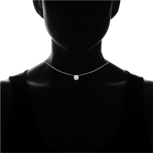 Sterling Silver Polished Round Disk Cubic Zirconia Slide Choker Necklace