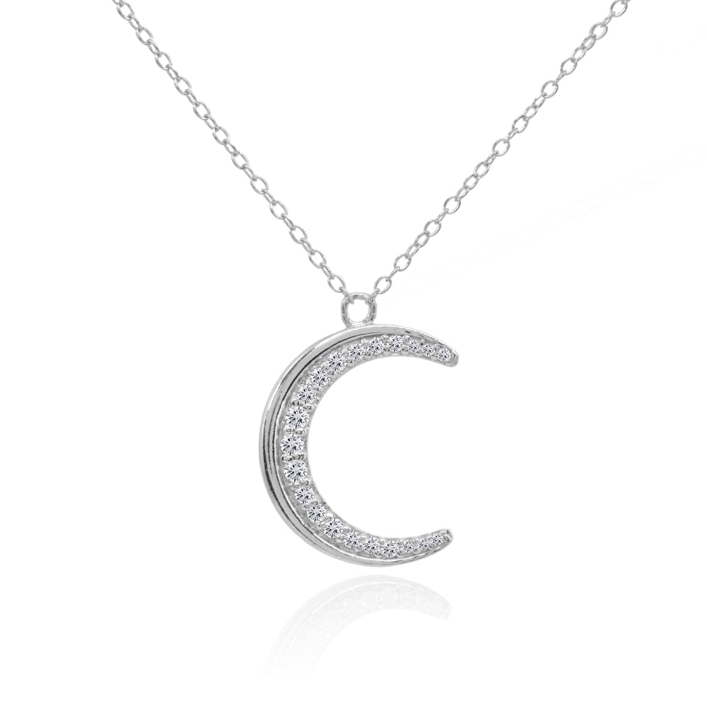 Sterling Silver Crescent Moon Polished Round Cubic Zirconia Necklace