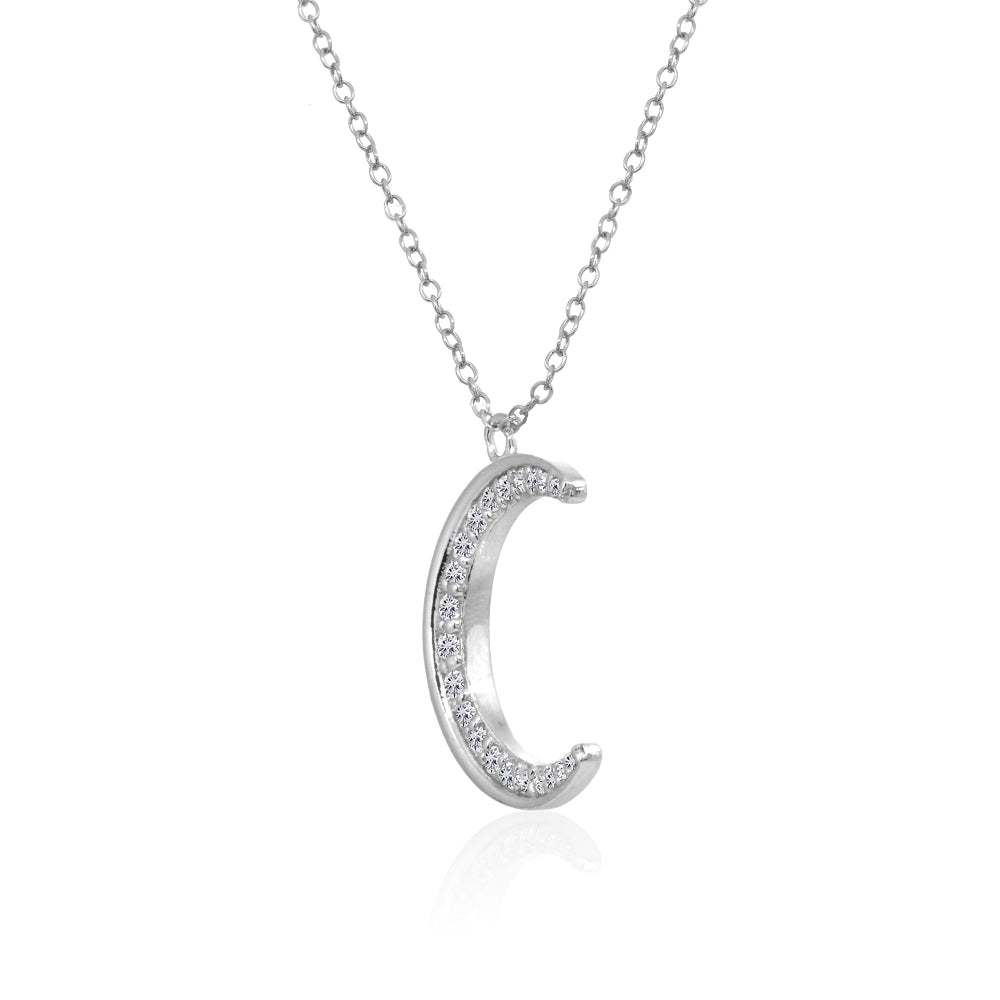Sterling Silver Crescent Moon Polished Round Cubic Zirconia Necklace-2