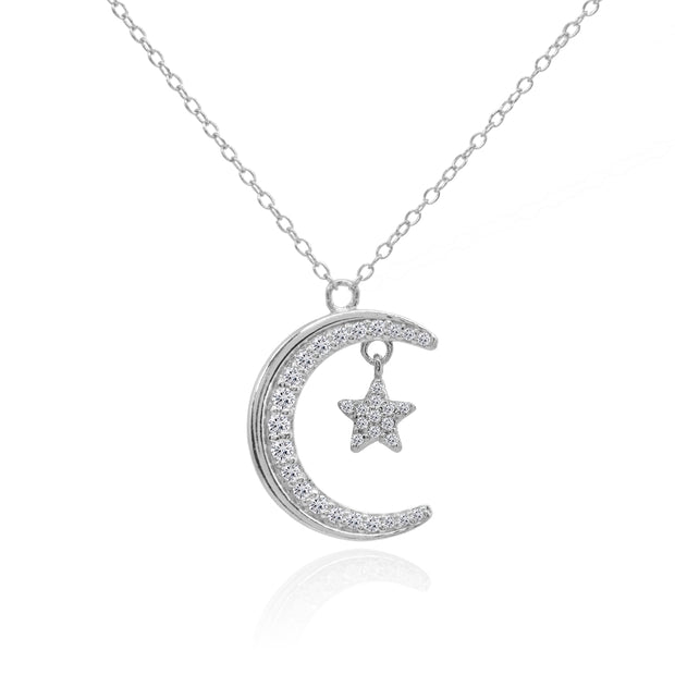Sterling Silver Crescent Moon and Star Polished Round Cubic Zirconia Necklace