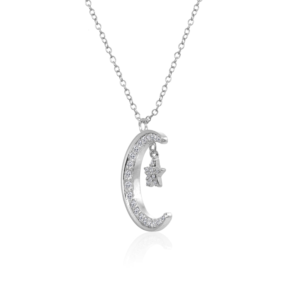 Sterling Silver Crescent Moon and Star Polished Round Cubic Zirconia Necklace-2