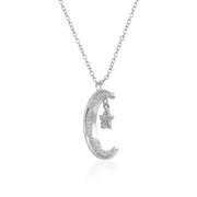 Sterling Silver Crescent Moon and Star Polished Round Cubic Zirconia Necklace