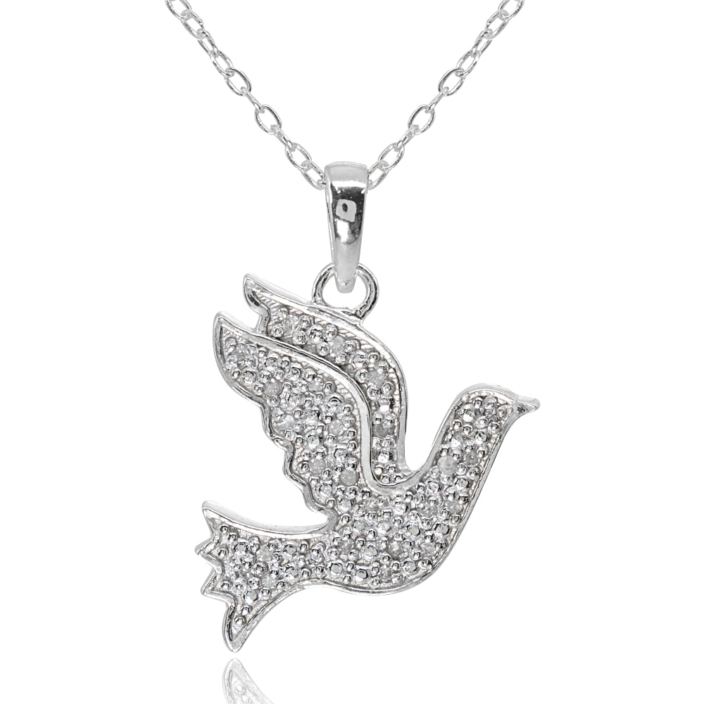 Sterling Silver Polished Flying Dove Bird Peace Diamond Accent Pendant Necklace, JK-I3