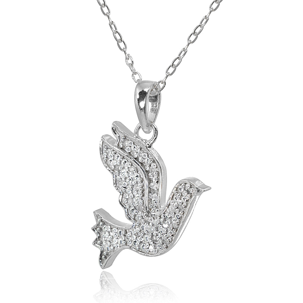 Sterling Silver Polished Flying Dove Bird Peace Diamond Accent Pendant Necklace, JK-I3-2