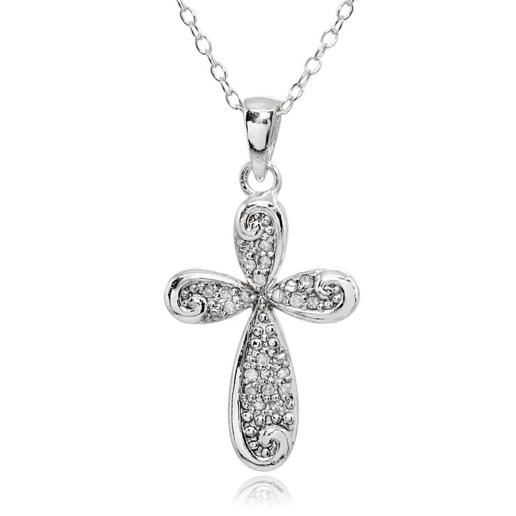 Sterling Silver Polished Curved Cross Filigree Swirl Diamond Accent Pendant Necklace, JK-I3