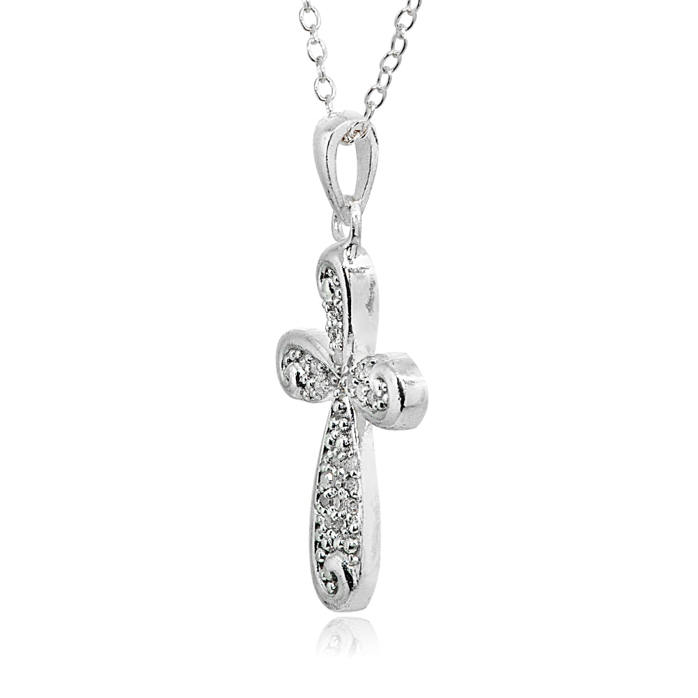 Sterling Silver Polished Curved Cross Filigree Swirl Diamond Accent Pendant Necklace, JK-I3-2