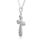 Sterling Silver Polished Curved Cross Filigree Swirl Diamond Accent Pendant Necklace, JK-I3