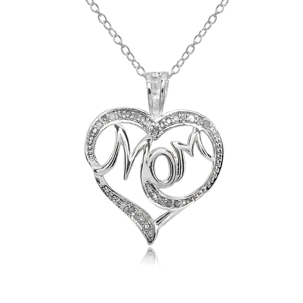 Sterling Silver Polished Heart MOM Diamond Accent Pendant Necklace, JK-I3