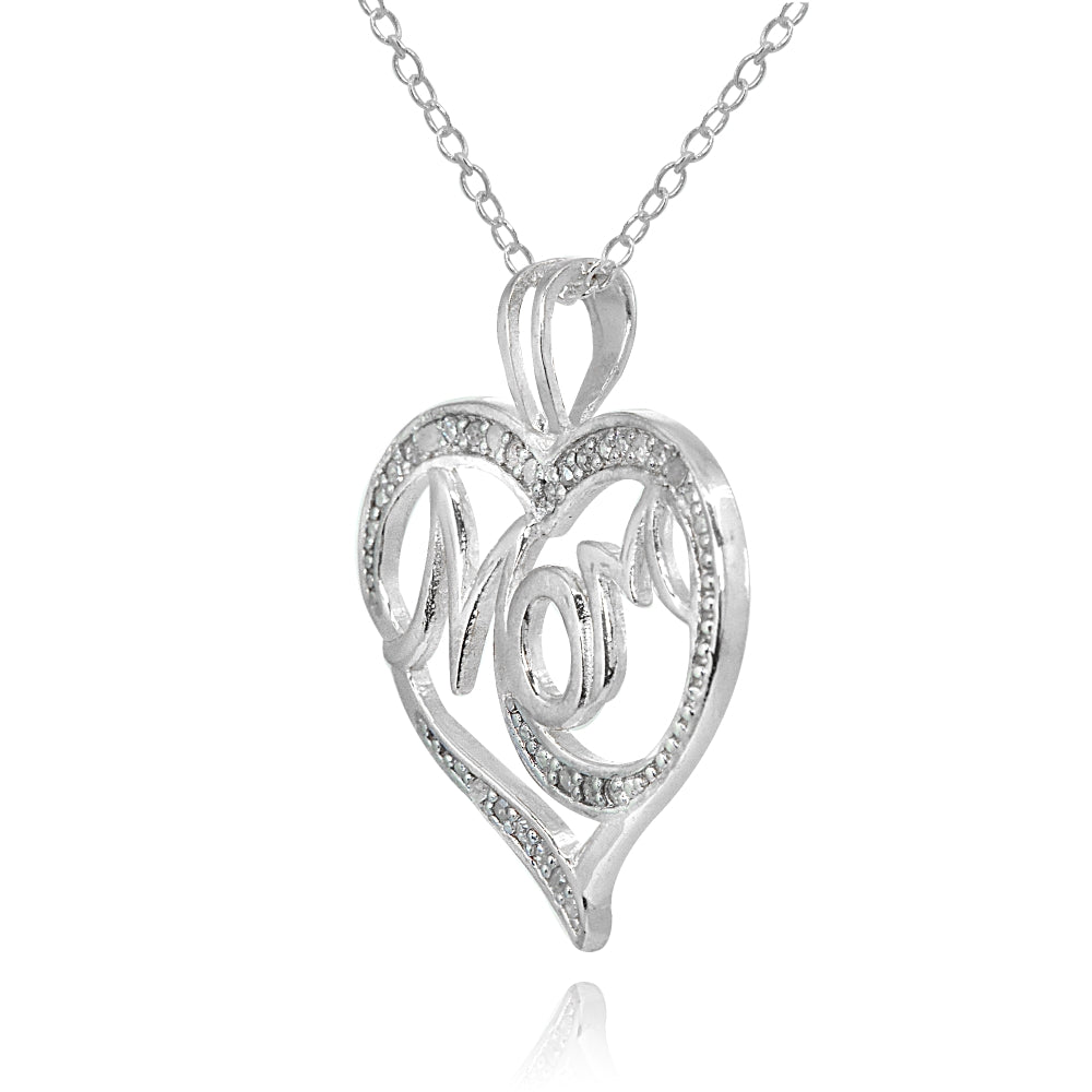 Sterling Silver Polished Heart MOM Diamond Accent Pendant Necklace, JK-I3-2