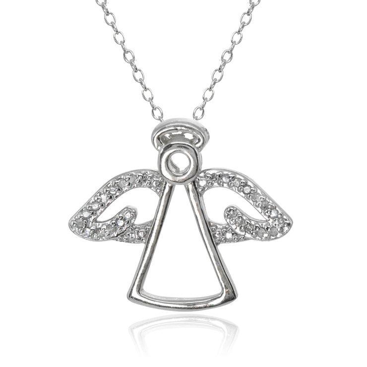 Sterling Silver Polished Angel Wings Diamond Accent Pendant Necklace, JK-I3