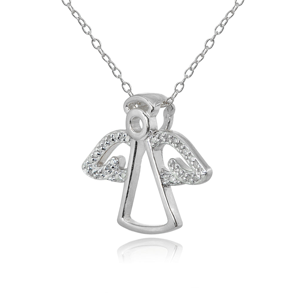 Sterling Silver Polished Angel Wings Diamond Accent Pendant Necklace, JK-I3-2