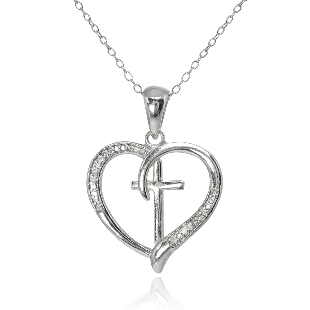 Sterling Silver Polished Cross in Heart Diamond Accent Pendant Necklace, JK-I3