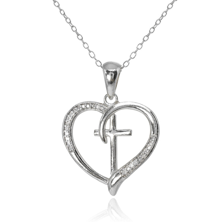 Sterling Silver Polished Cross in Heart Diamond Accent Pendant Necklace, JK-I3