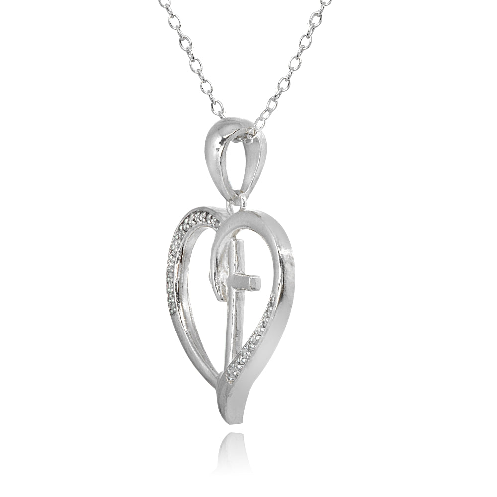 Sterling Silver Polished Cross in Heart Diamond Accent Pendant Necklace, JK-I3-2