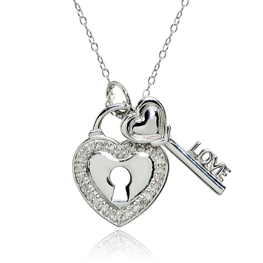 Sterling Silver Polished LOVE Key Heart Lock Diamond Accent Pendant Necklace, JK-I3