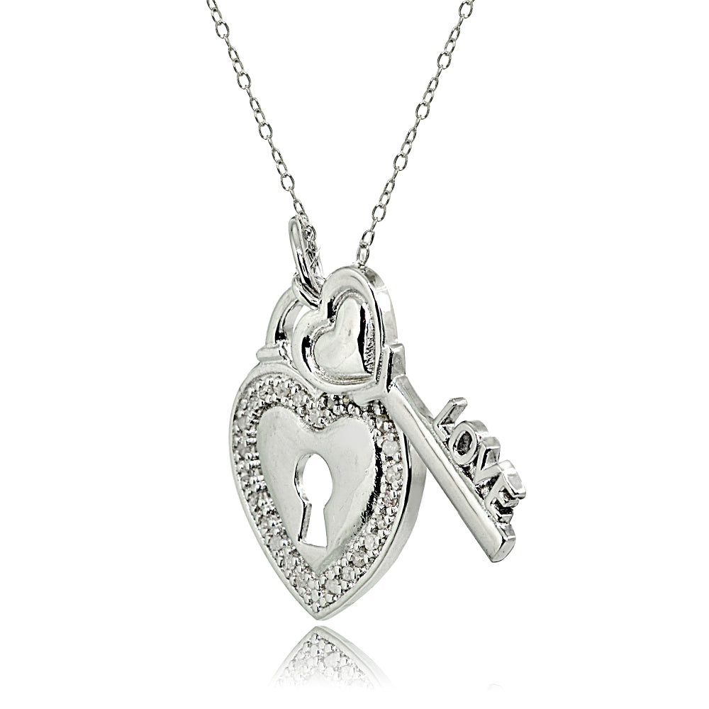 Sterling Silver Polished LOVE Key Heart Lock Diamond Accent Pendant Necklace, JK-I3-2