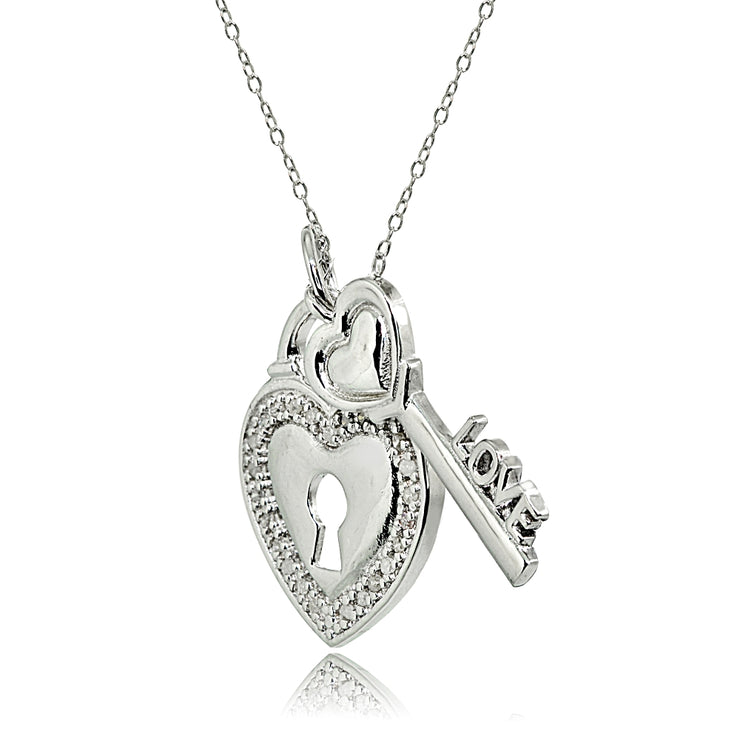 Sterling Silver Polished LOVE Key Heart Lock Diamond Accent Pendant Necklace, JK-I3