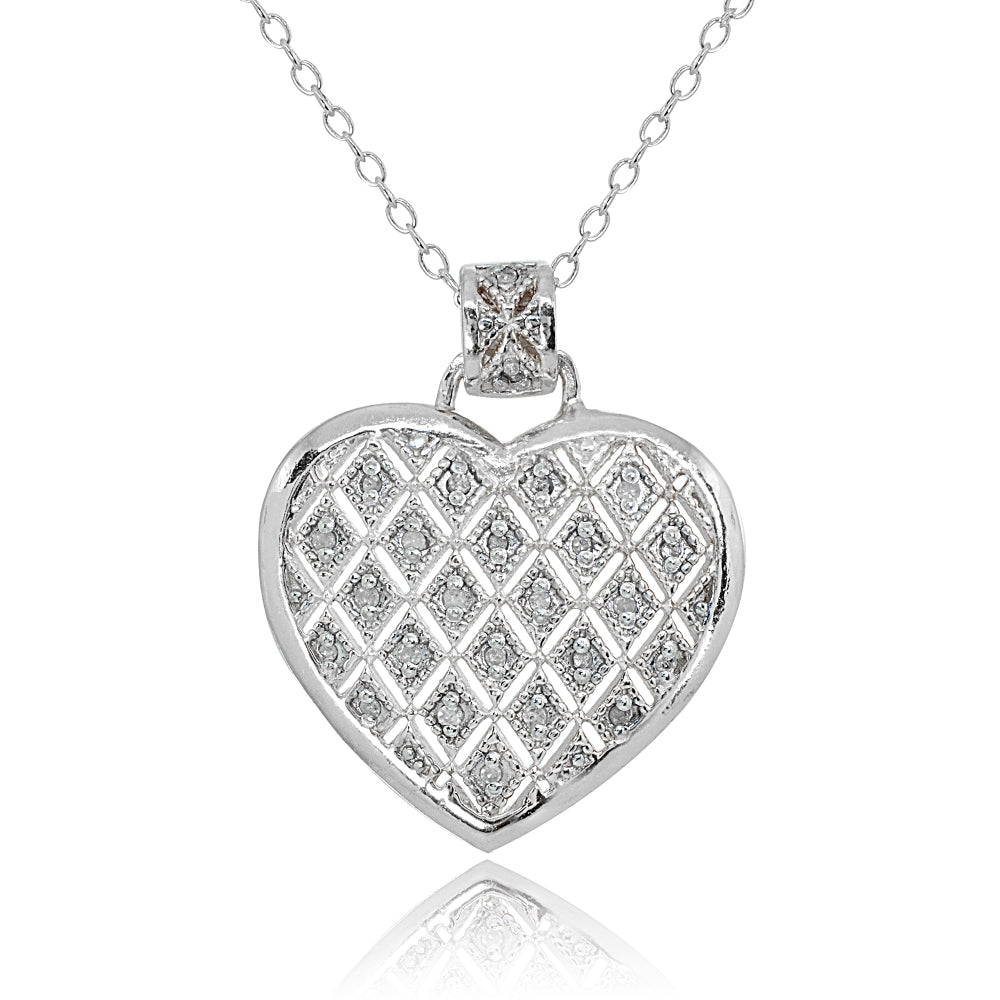 Sterling Silver Polished Textured Heart Diamond Accent Pendant Necklace, JK-I3