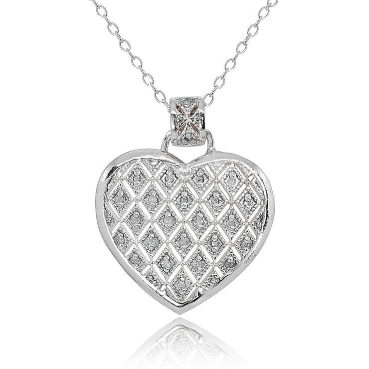Sterling Silver Polished Textured Heart Diamond Accent Pendant Necklace, JK-I3