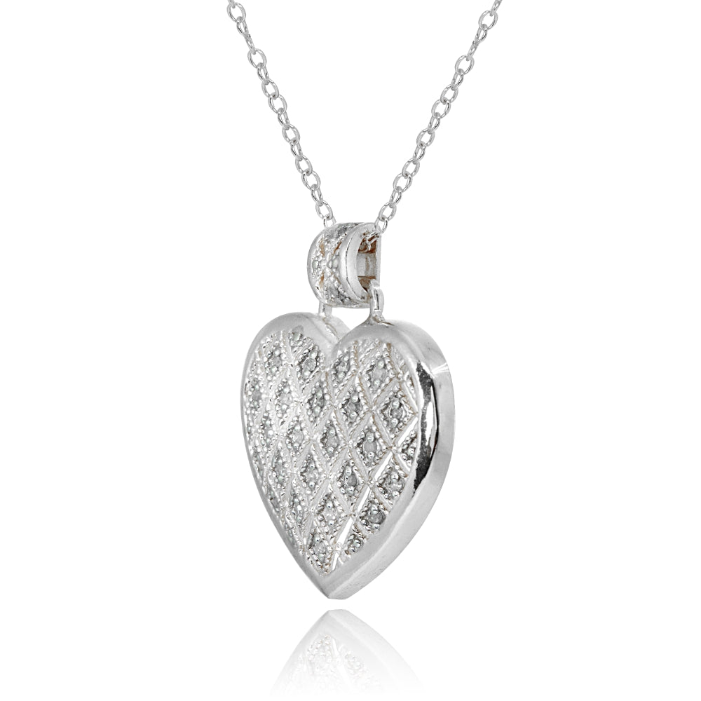 Sterling Silver Polished Textured Heart Diamond Accent Pendant Necklace, JK-I3-2