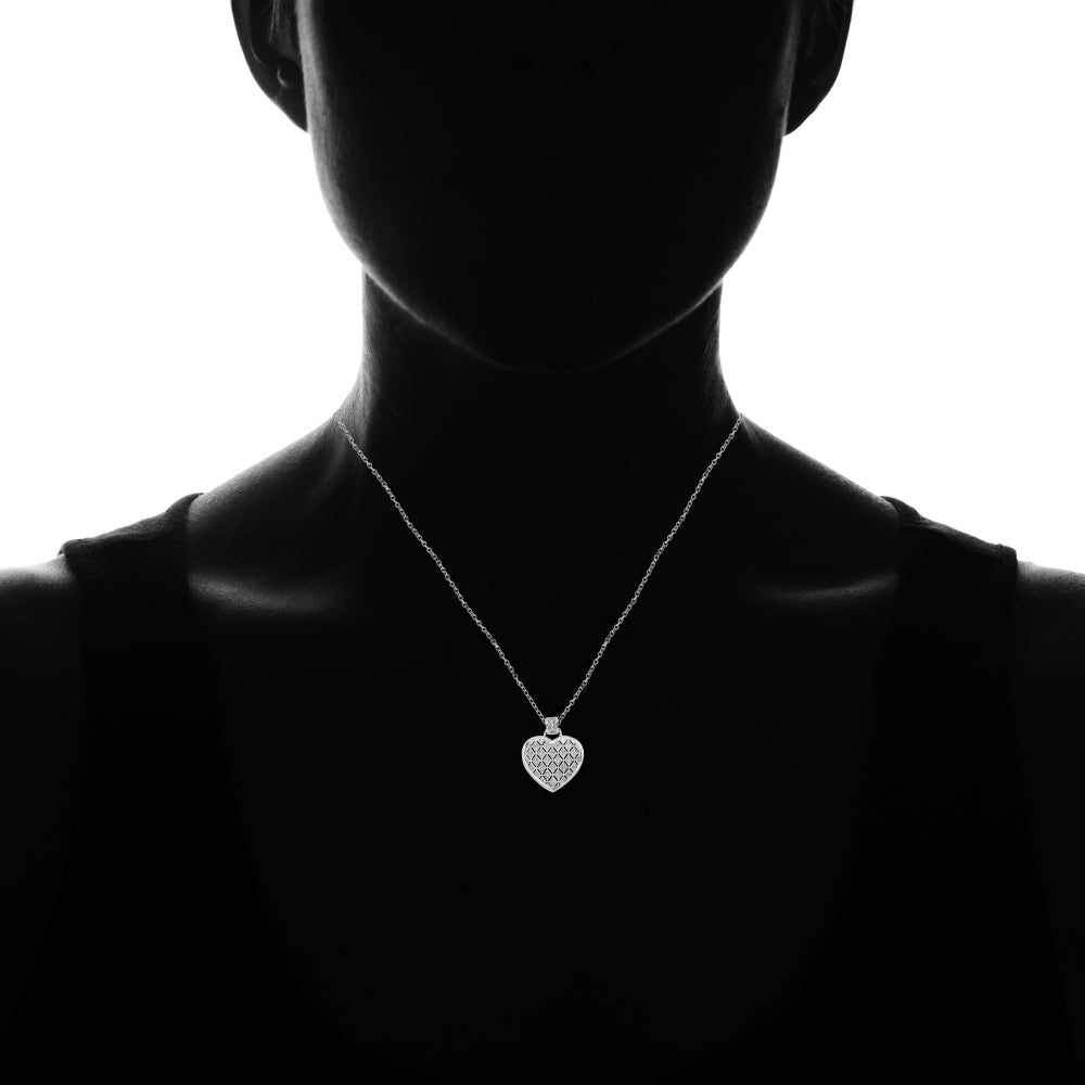 Sterling Silver Polished Textured Heart Diamond Accent Pendant Necklace, JK-I3-3