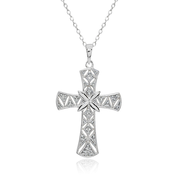 Sterling Silver Polished Textured Irish Cross Diamond Accent Pendant Necklace, JK-I3