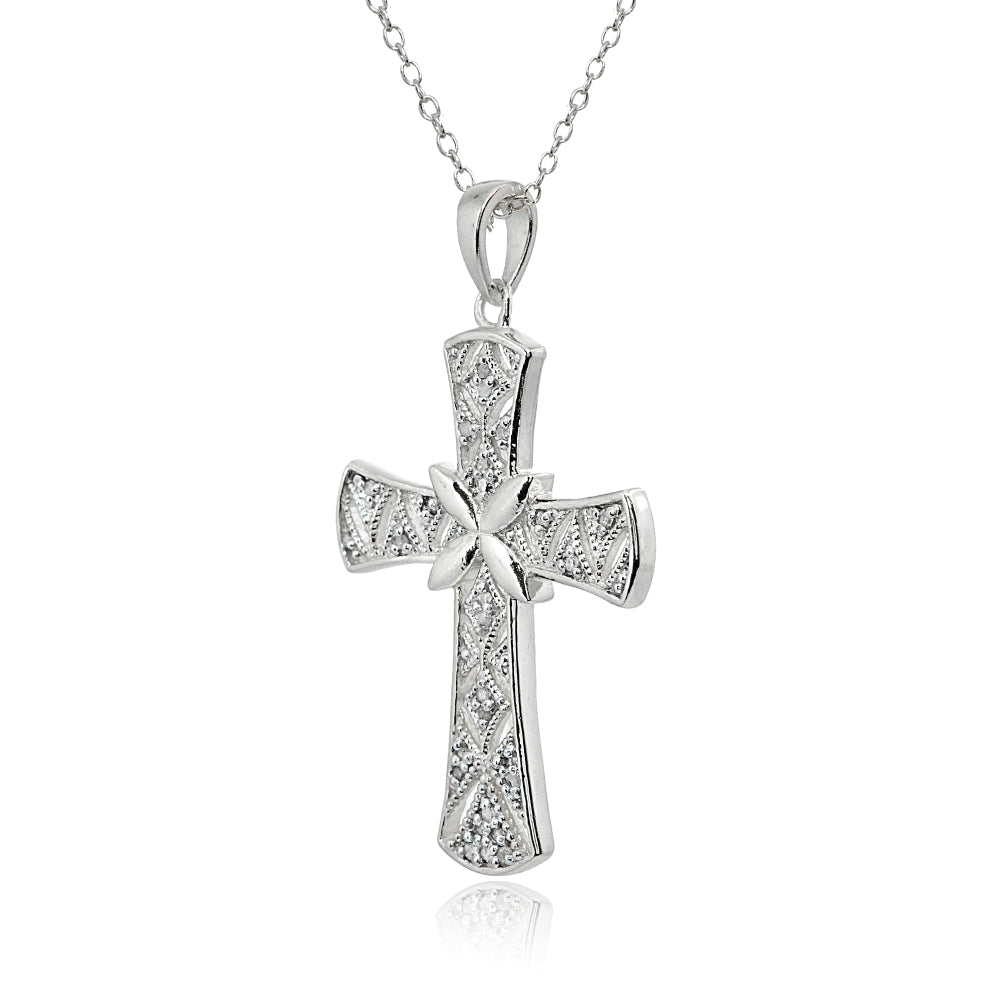 Sterling Silver Polished Textured Irish Cross Diamond Accent Pendant Necklace, JK-I3-2