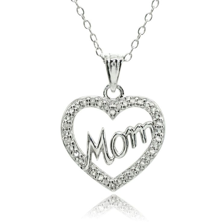 Sterling Silver Polished Open Heart Mom Diamond Accent Pendant Necklace, JK-I3