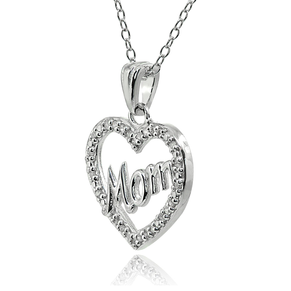 Sterling Silver Polished Open Heart Mom Diamond Accent Pendant Necklace, JK-I3-2