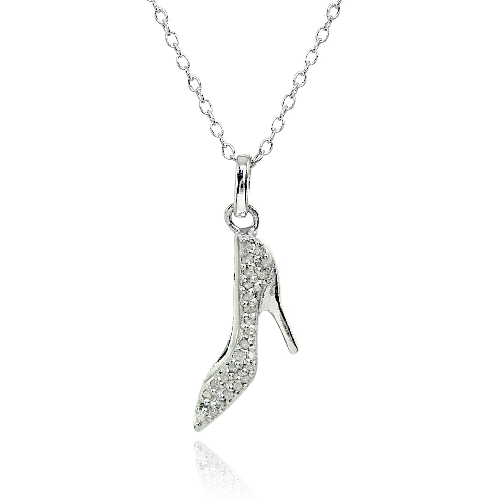 Sterling Silver Polished Pointed Heel Shoes Diamond Accent Pendant Necklace, JK-I3