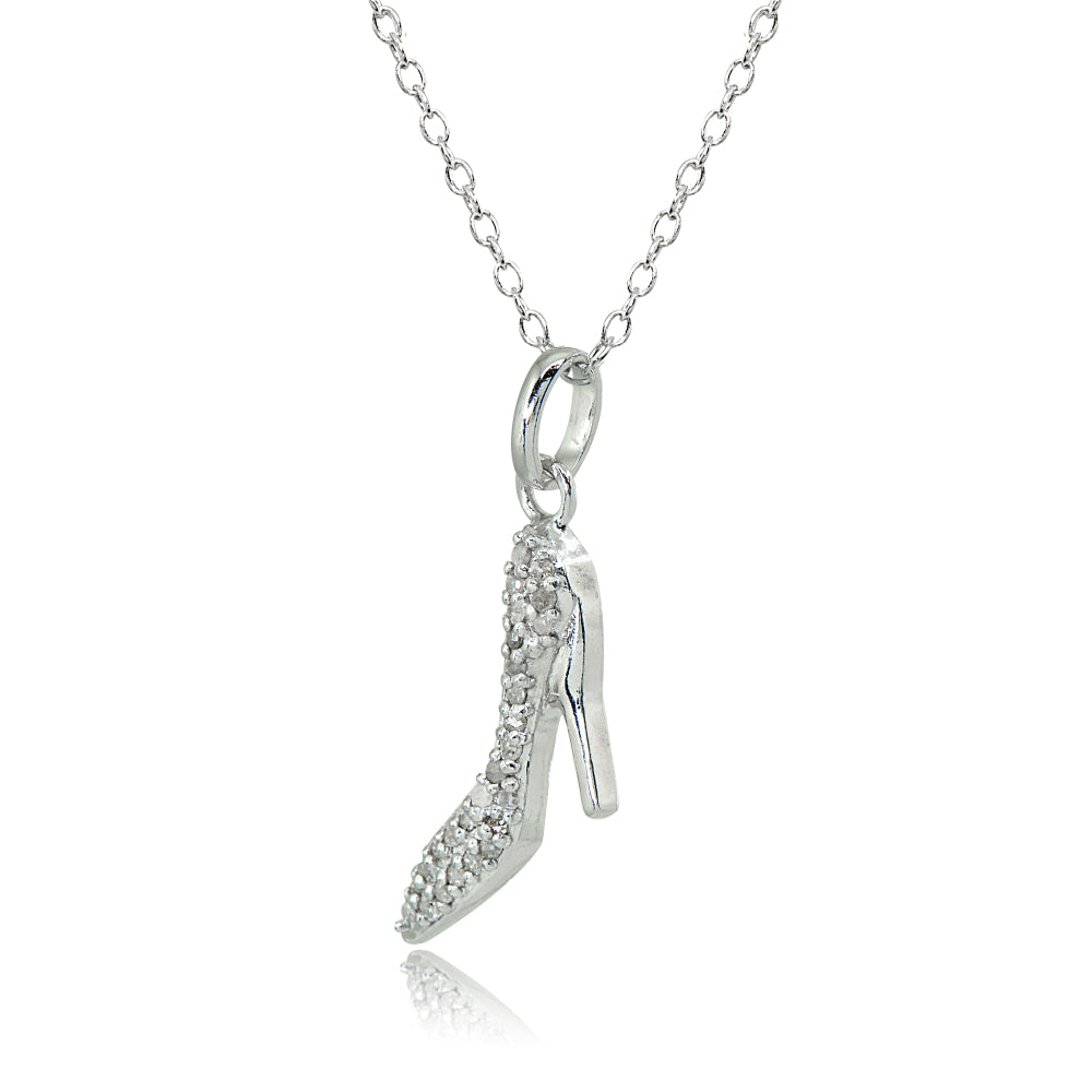 Sterling Silver Polished Pointed Heel Shoes Diamond Accent Pendant Necklace, JK-I3-2