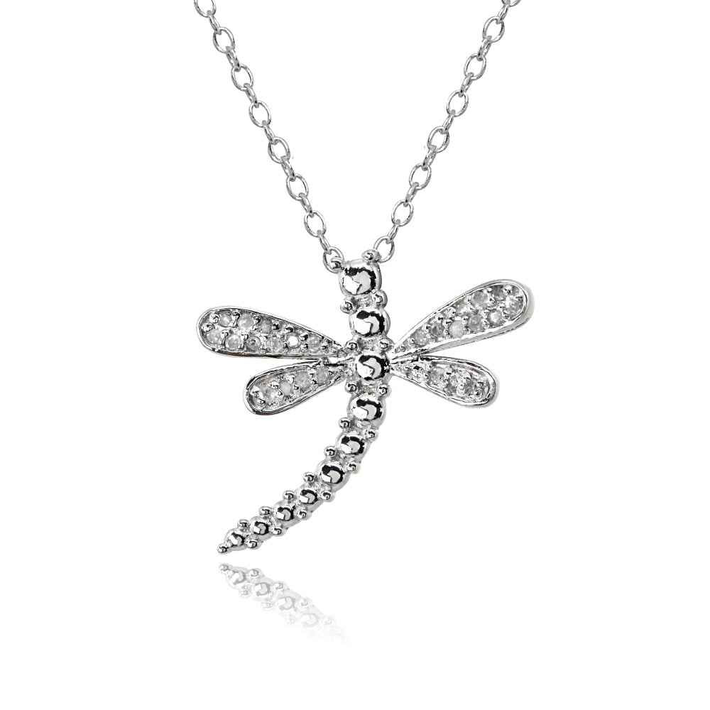 Sterling Silver Polished Dragonfly Diamond Accent Pendant Necklace, JK-I3