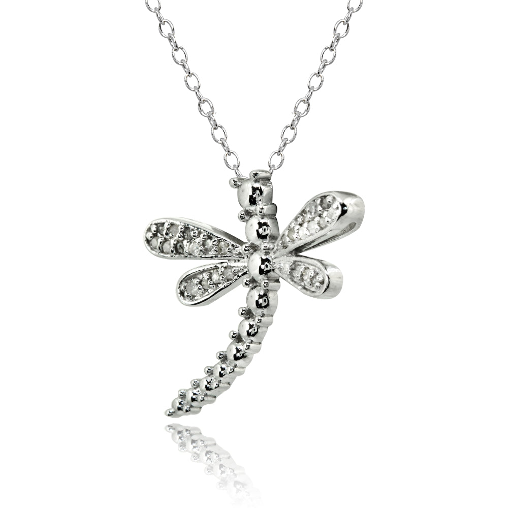Sterling Silver Polished Dragonfly Diamond Accent Pendant Necklace, JK-I3-2